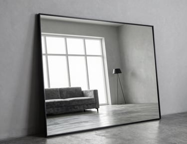 Grand miroir mural noir reflétant un salon lumineux.