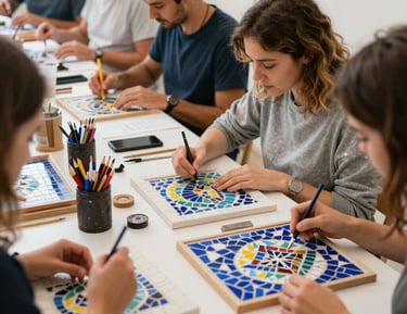 Finished mosaic pieces displayed on rustic wooden tables, showcasing vibrant patterns and textures.