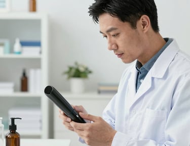 Quality control specialist inspecting a curling iron under bright lights.