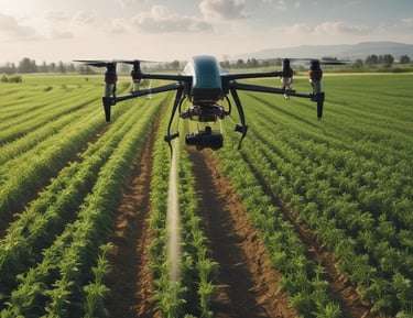 Agricultural drones flying over vast green fields during sunset.