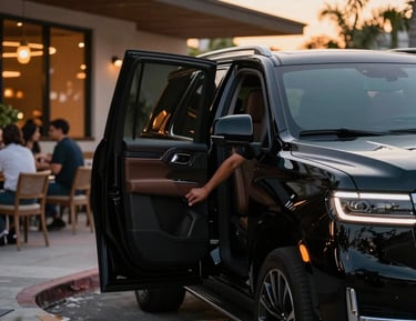 Professional chauffeur opening a car door in front of a luxury home.