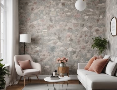 Cozy bedroom wall adorned with textured, patterned wallpaper in calming tones.