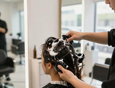 A stylist gently a client's hair in a bright, modern salon filled with natural light.