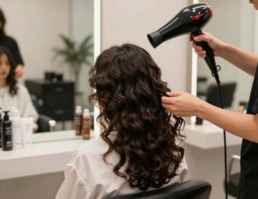 A client with beautifully styled hair, smiling confidently in the salon chair.