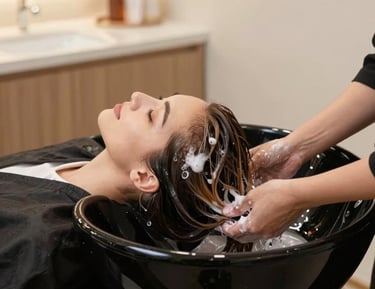 A stylist gently a client's hair in a bright, modern salon filled with natural light.