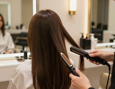 A client with beautifully styled hair, smiling confidently in the salon chair.