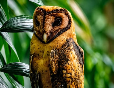 A golden brown Barn Owl perched among lush green tropical leaves in a rainforest habitat.