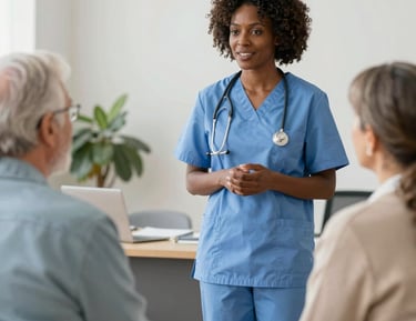 A compassionate nurse advocating for a family in a cozy home setting.