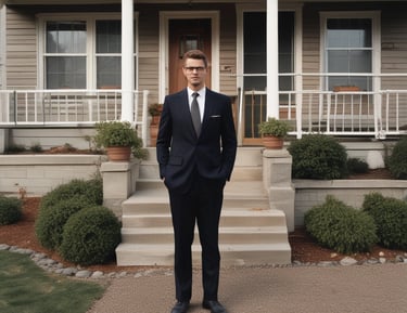 a man in a suit and tie standing in front of a house
