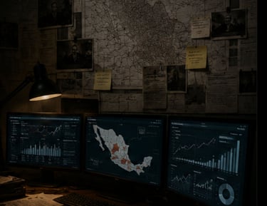 A dark detective workspace with computer monitors showing data charts and a large map on the wall.