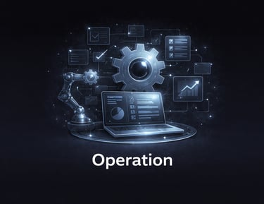 Digital operation interface showing robotic automation, data analytics on a laptop, and industrial gears.