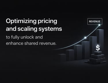 Rising revenue bar chart with dollar sign icon and text about optimizing pricing and scaling systems.