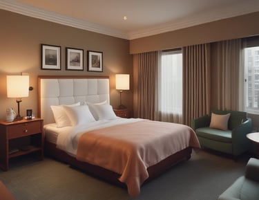 Cozy boutique hotel room with warm sunset lighting and ocean blue accents.