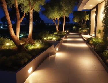Elegant outdoor lighting along a garden path during twilight.