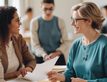 An intimate coaching session with a mentor and client in a cozy, inviting space.