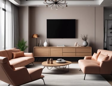 Elegant living room shelving unit made of solid wood with decorative accents.