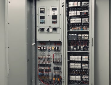 Electric panel installation with bright blue LED indicators glowing.