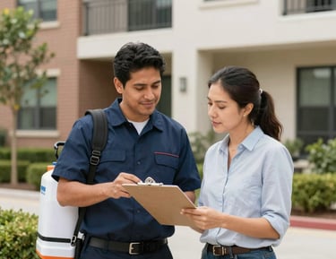 Close-up of a technician setting rodent traps in a commercial kitchen.