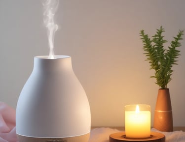 A peaceful bedroom setup highlighting sleep aids like a diffuser and cozy blankets.