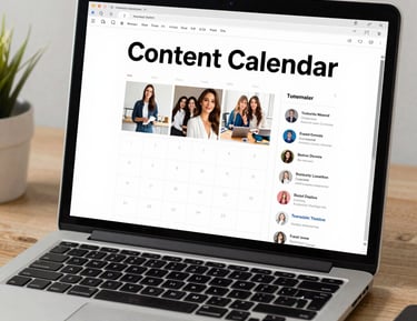 Digital marketing icons and tools spread out on a neutral-colored surface.
