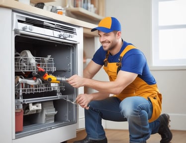 A technician assembling furniture during an office move.