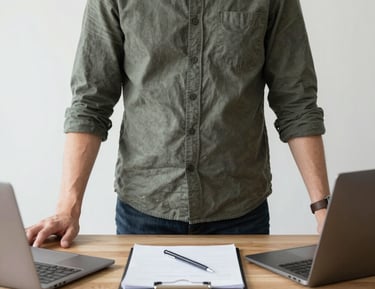 A confident lawyer consulting with a client in a bright, minimalist office.