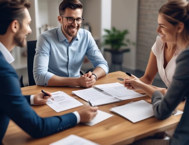 Payroll specialist processing payments on a computer with a smiling team in the background.