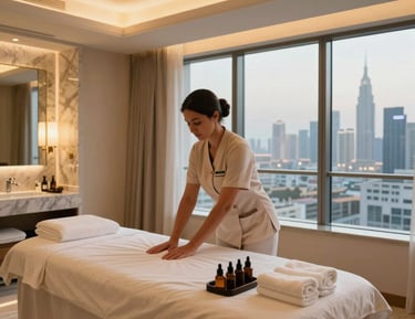 A professional therapist arriving discreetly at a luxury apartment for an outcall session.