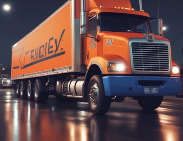 A truck on the highway with a focus on its well-maintained engine parts.