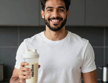 Fitness influencer sharing a halal protein snack on social media in a clean gym environment.