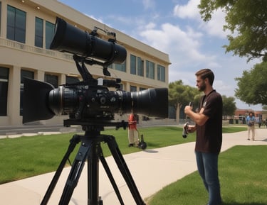 A film studio set with cameras and crew preparing for a shoot.