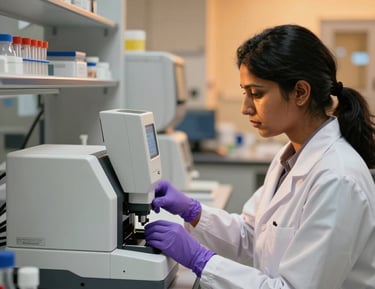 Close-up of a scientist mixing compounds in a sterile lab environment.