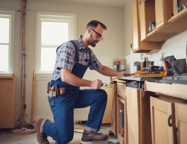 A handyman assembling furniture in a home.