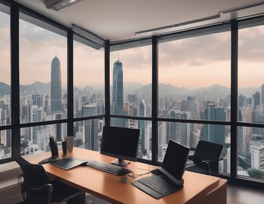 Business consultant advising clients in a modern office setting.