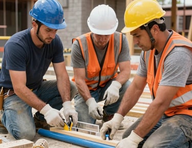 A team of professionals collaborating over technical plans in a modern office.