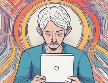 A man watching an insightful video on a laptop in a cozy space.