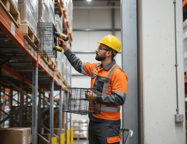 JanTech exterminator in a hard hat installing metal cages on pallet racking with a power drill.