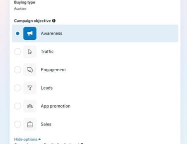 Facebook Ads Manager dashboard showing campaign objective options including Awareness, Traffic, and Engagement.