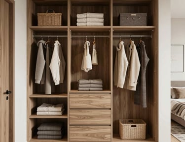 A spacious wardrobe with neatly organized shelves and soft-close doors.