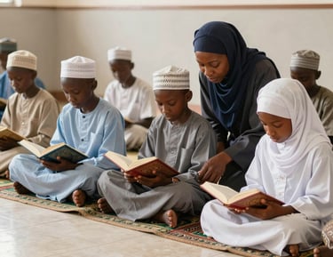 Teacher leading Qur’an recitation with attentive Muslim students in traditional attire.