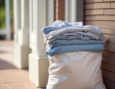 A friendly delivery person handing over a neatly folded laundry bag at a welcoming front door.