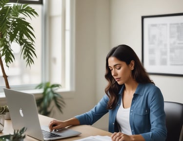 A women landlord reviewing property documents with a calm, confident expression.
