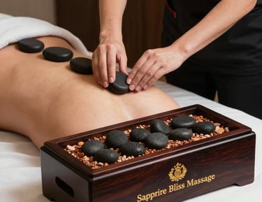 A therapist applying deep tissue massage pressure on a client's shoulder in a calm, elegant room.