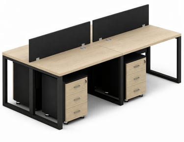 Four-person office workstation with light oak tabletops, black metal frames, and privacy screens.