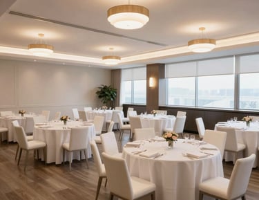 Spacious event hall with stylish lighting and minimalist design ready for gatherings.