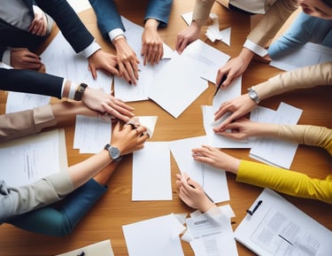 A smiling HR specialist conducting an employee meeting.
