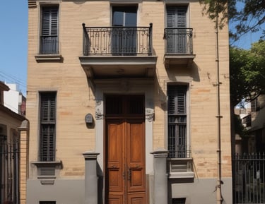 A historic, Tudor-style manor with intricate brickwork and wood paneling dominates the foreground. The building features large windows and elegant chimneys. In front of the manor, a formal garden with neatly trimmed hedges and symmetrical layouts enhances the estate's grandeur. The garden's meticulously arranged rows of rounded shrubs create a sense of order and elegance.
