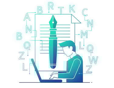 Ilustrasi minimalis tentang penulisan salinan, menampilkan seseorang yang sedang mengetik di laptop dengan pena dan kertas di