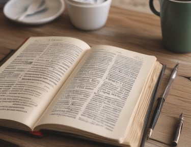 An open Bible displayed on a wooden table with a crucifix placed across its pages. The pages seem to be from the Gospel of John, and the setting suggests a serene and contemplative atmosphere.