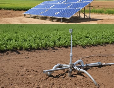 An irrigation system with a concrete water channel and a vertical pipe is set amid a lush, green field of rice plants. The sunlight casts warm tones over the vegetation.